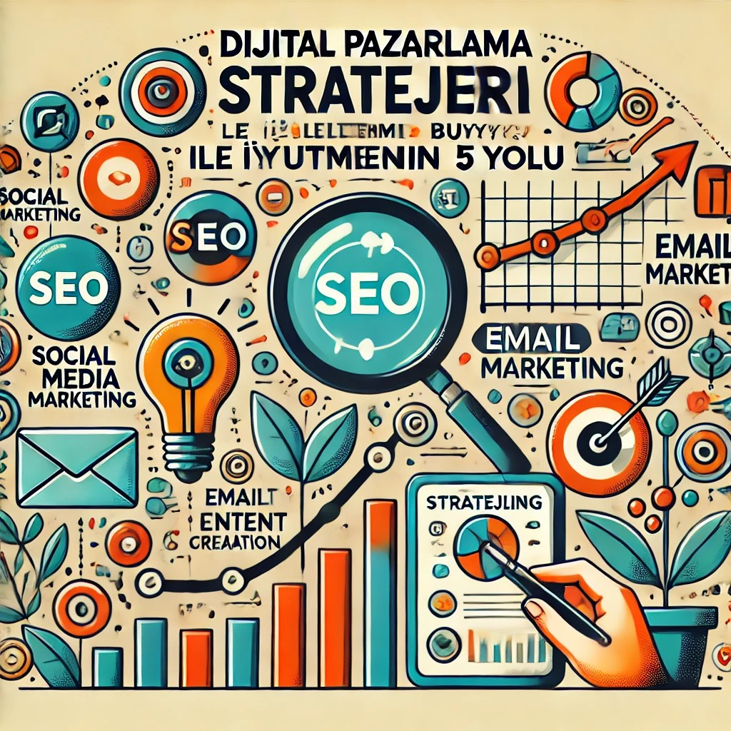 Dijital Pazarlama Stratejileri ile İşletmenizi Büyütmenin 5 Yolu buna uygun bir görsel oluşturmanı istiyorum ve görselde uygun bir yerde Dijital Pazarlama Stratejileri ile İşletmenizi Büyütmenin 5 Yolu